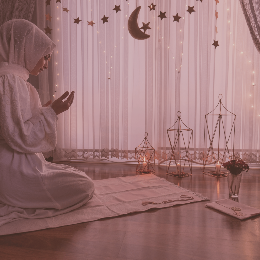 A peaceful individual engaged in Dhikr, holding prayer beads, symbolizing Islamic mindfulness to overcome negative thoughts