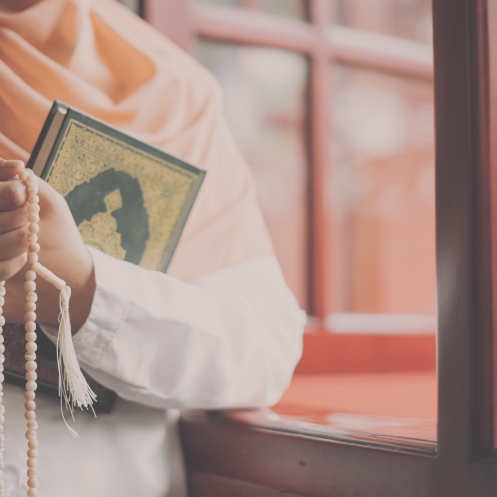 Illustration of a serene morning with prayer beads, a journal, and a cup of tea, symbolizing mindfulness and daily habits inspired by the Sunnah for a balanced life