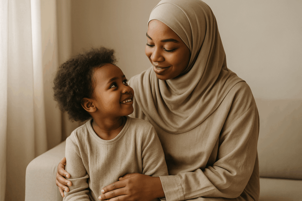 "A loving African American Muslim mother nurturing her child with emotional strength and Islamic faith"